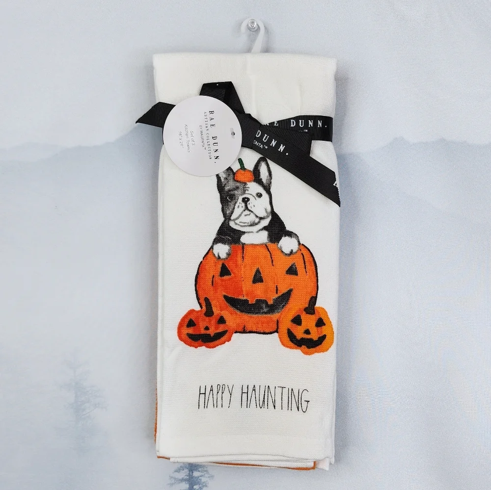 Frenchie Happy Haunting Kitchen Towel Set Of 3 - Rae Dunn By Magenta NWT
